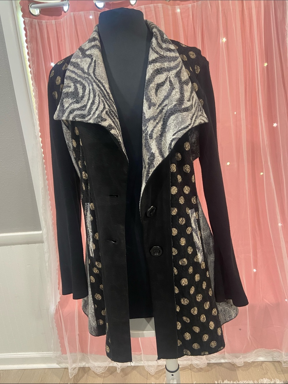 Adore Black Jacket with Gray Zebra-Print Collar and Gold Polka Panels L